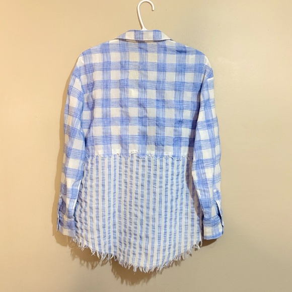 Entro Blue & White Plaid & Stripe Colour Blocked Cotton Button Up Shirt - Picture 9 of 13
